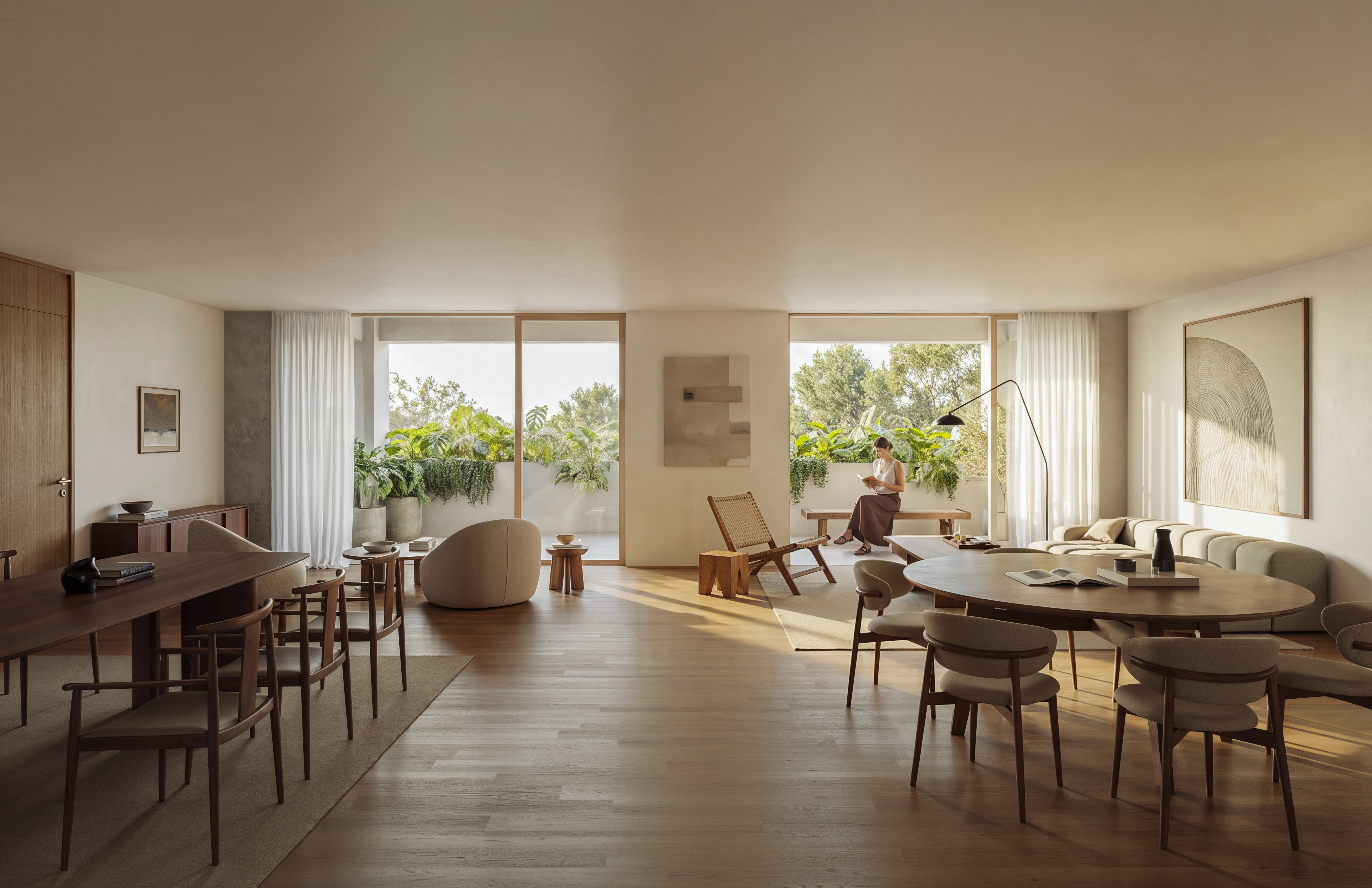 Render de sala y comedor en Penthouse de Lomas Altas con vista panorámica y techos altos
