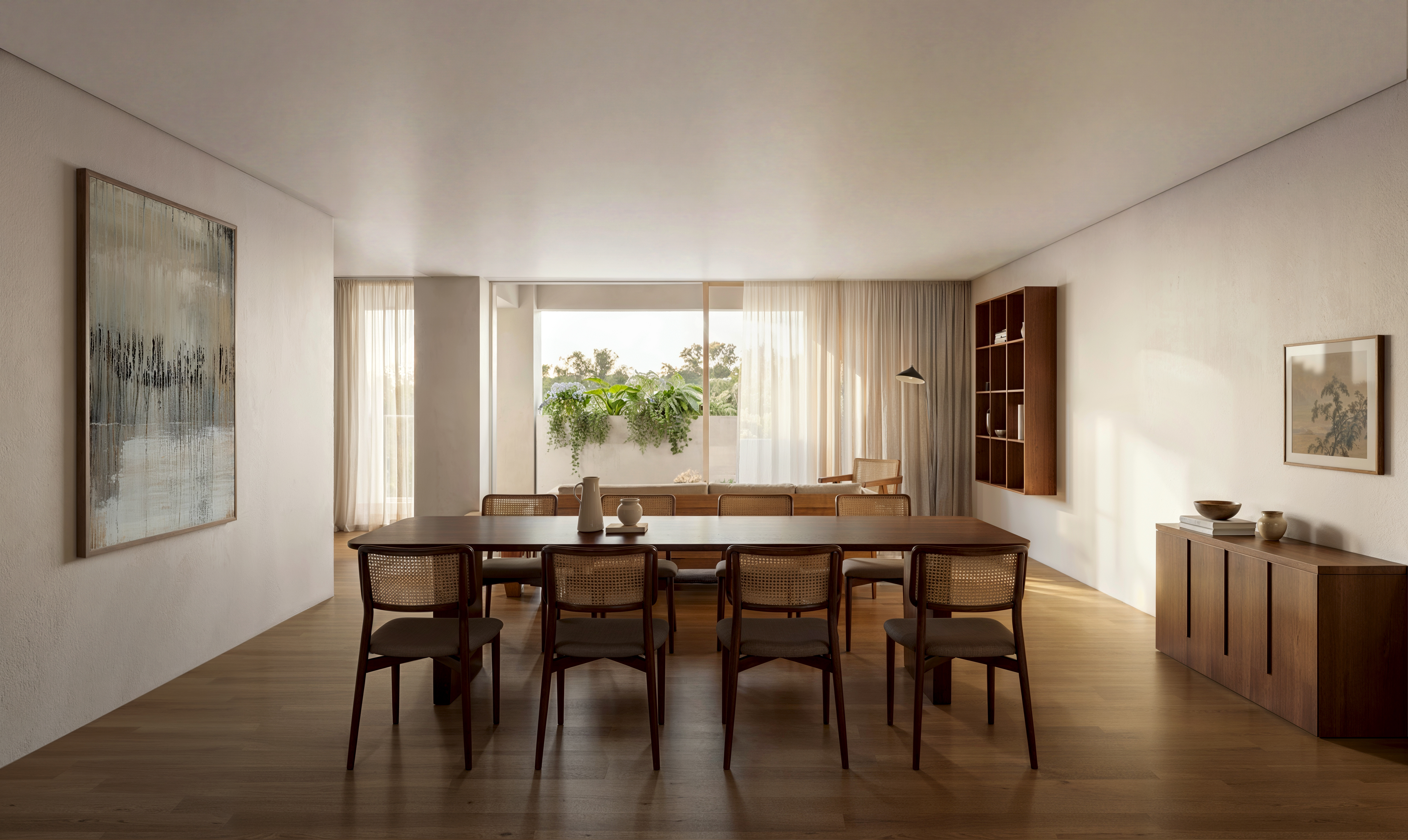 Render de comedor y estancia en Tipología A con mesa para 8 personas y vista a terraza